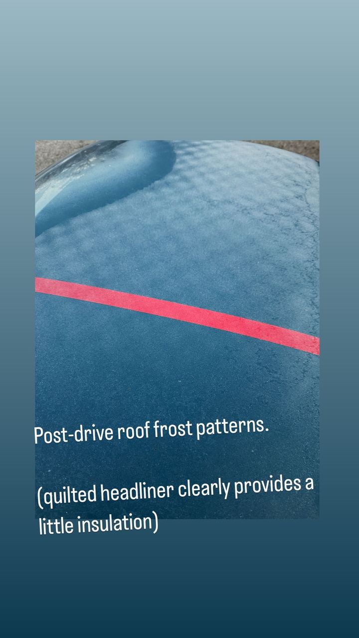 Post-drive roof frost patterns. (Quilted headliner clearly provides a little insulation.)
